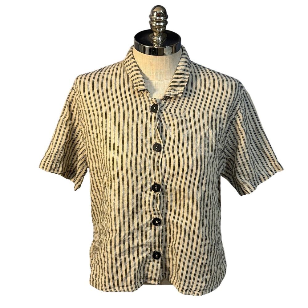 Habitat Womens Linen Blend Stripped Blue Cream Nautical Short Sleeve Blouse M